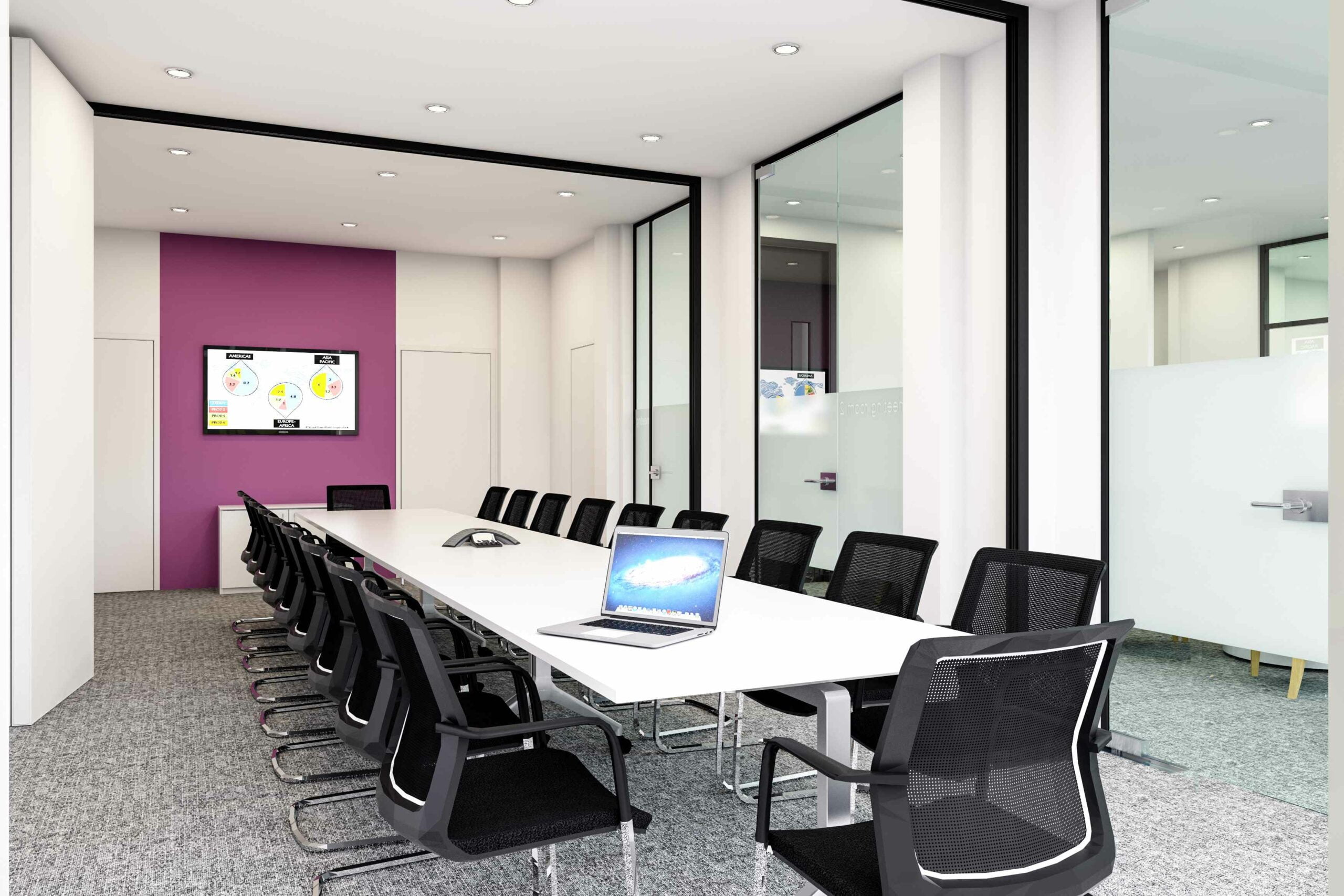 A CDI render of a boardroom with a long table surrounded by chairs and a television mounted to the back wall.