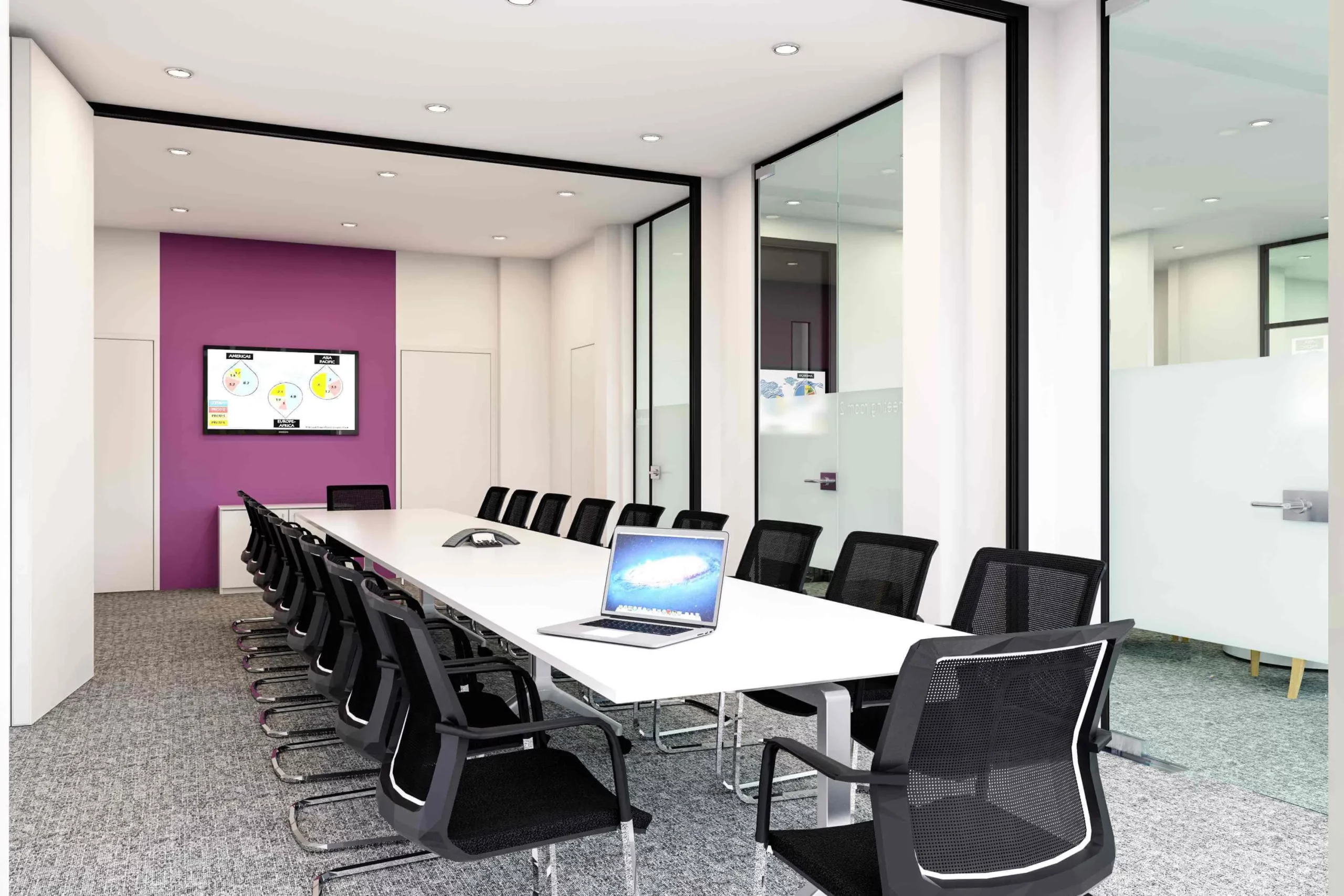 A render of a boardroom with a long white table surrounded by office chairs.