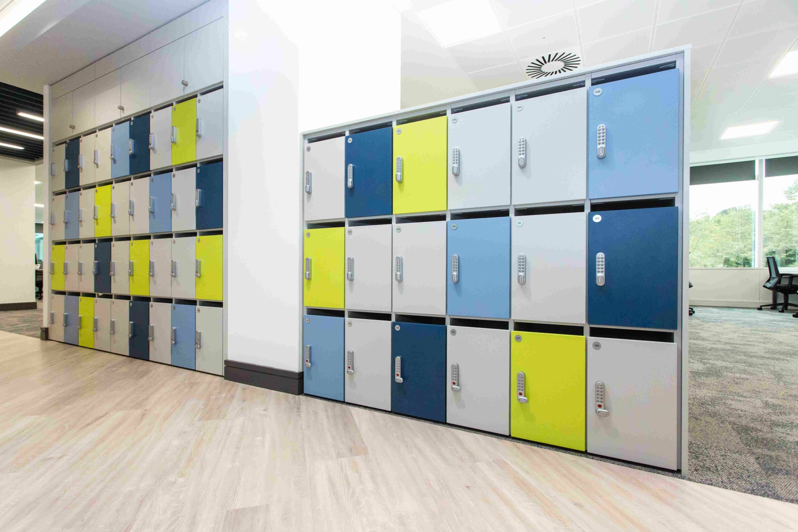 Multi-coloured lockers with coded locks on them.