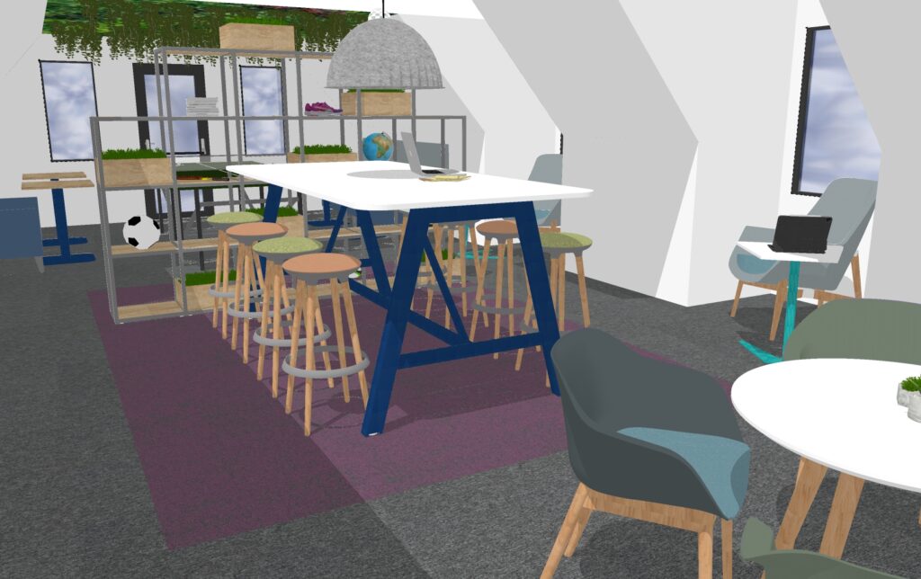 Example of an office interior design idea for the office space. Colourful floors and high bench collaborative seating.