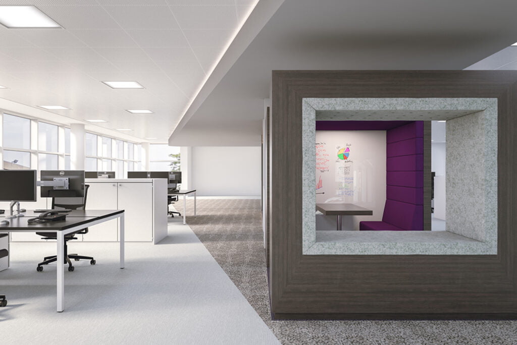 CGI image of a purple pod in a large open plan office space.